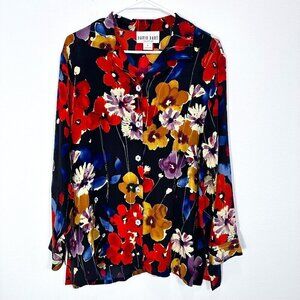 David Dart Collection Vibrant Floral 100% Silk Button Down Blouse Grannycore Med
